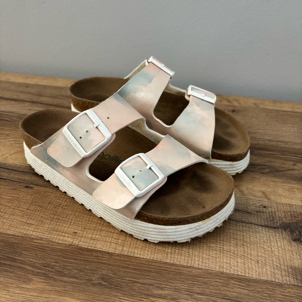 Birkenstock Two-Strap Platform Sandals in Pale Pink and White